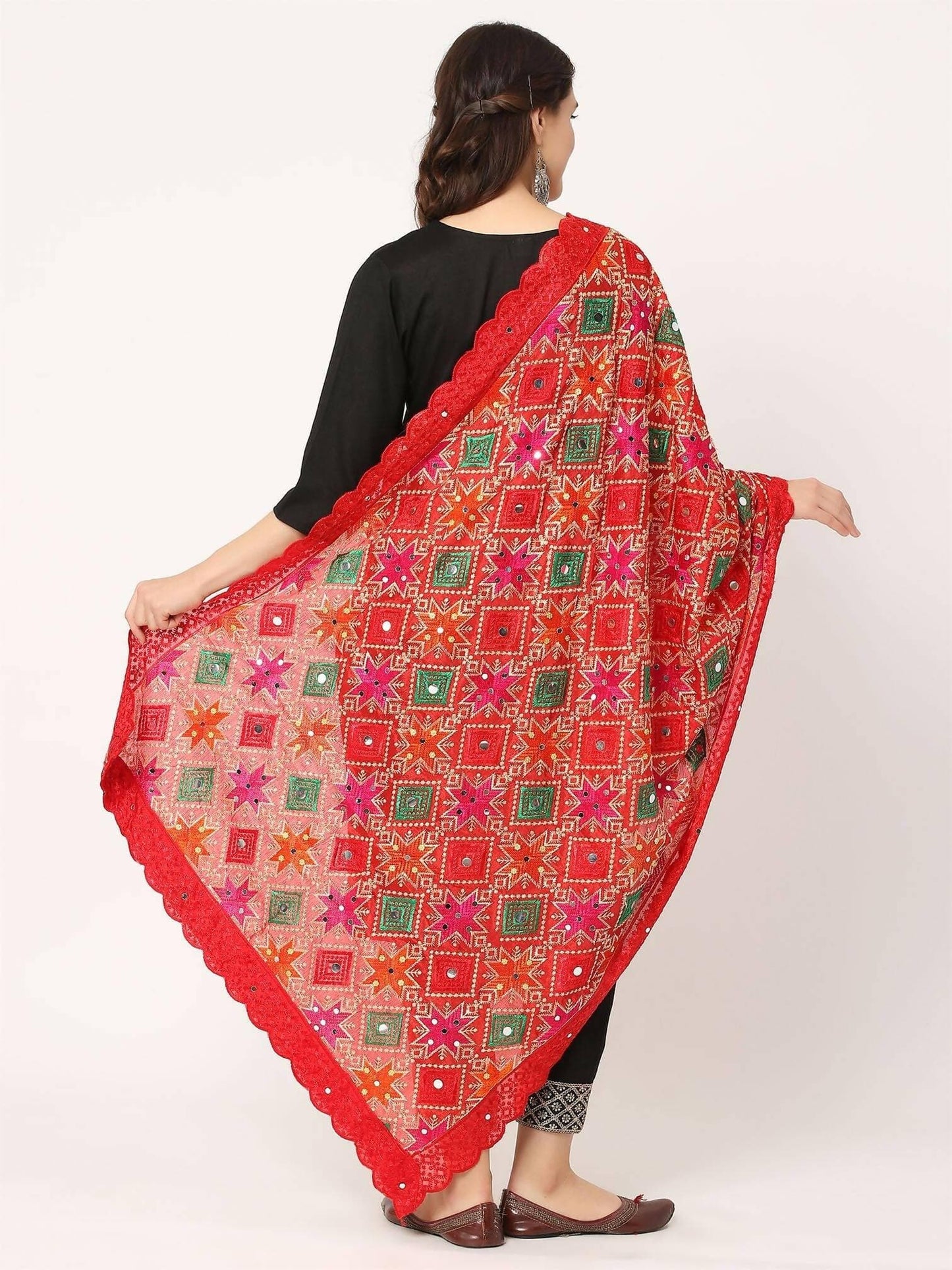 Red Multicolour Embroidery Phulkari Dupatta with Mirror Work - HalfPe