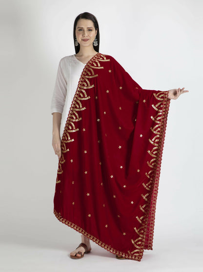 Embroidered Velvet Shawl Dupatta(Red) - HalfPe