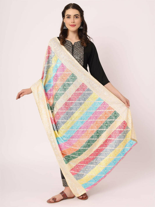 Pastel Colours Embroidery Phulkari Dupatta - HalfPe