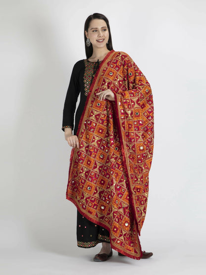 xPhulkari Dupatta with Mirror Work (Orange and Red ) - HalfPe