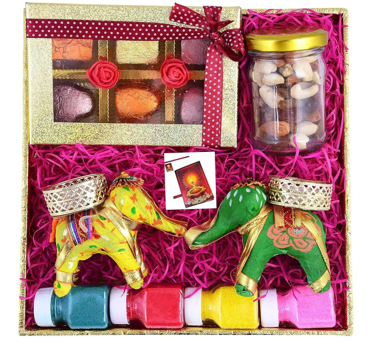 MANTOUSS Dry Fruits Tray for Diwali/Diwali Exclusive Dry Fruit Hamper-Decorated Tray+Mix Dry Fruits+Chocolate Box+Pair of Elephant Style Candle Holder with tealight+4 Rangoli Colours+Greeting Card - HalfPe