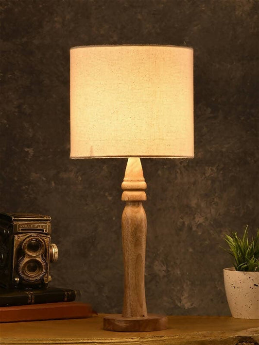 Green Girgit Round Brown Lamp With White Cotton Shade - HalfPe