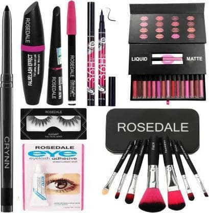 Crynn Beauty Set: HD15 Kajal, 7 Brushes, 36H Black Liner, 3in1 Liner, Mascara, Brow Pencil, Lashes, Glue, Valentine Edition 12 Lipsticks (26 Items) - HalfPe