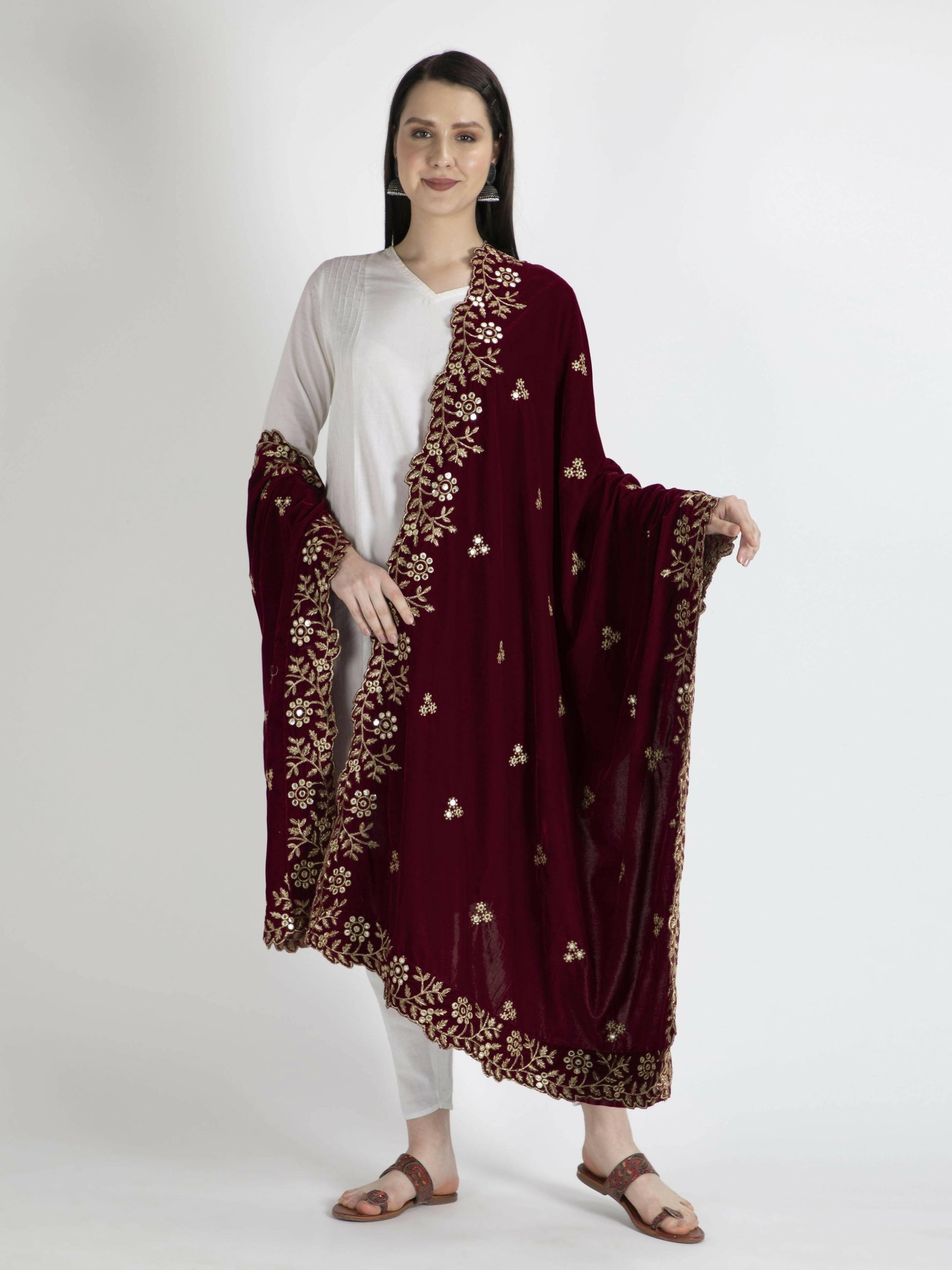 Maroon Velvet Shawl Dupatta For Women - HalfPe