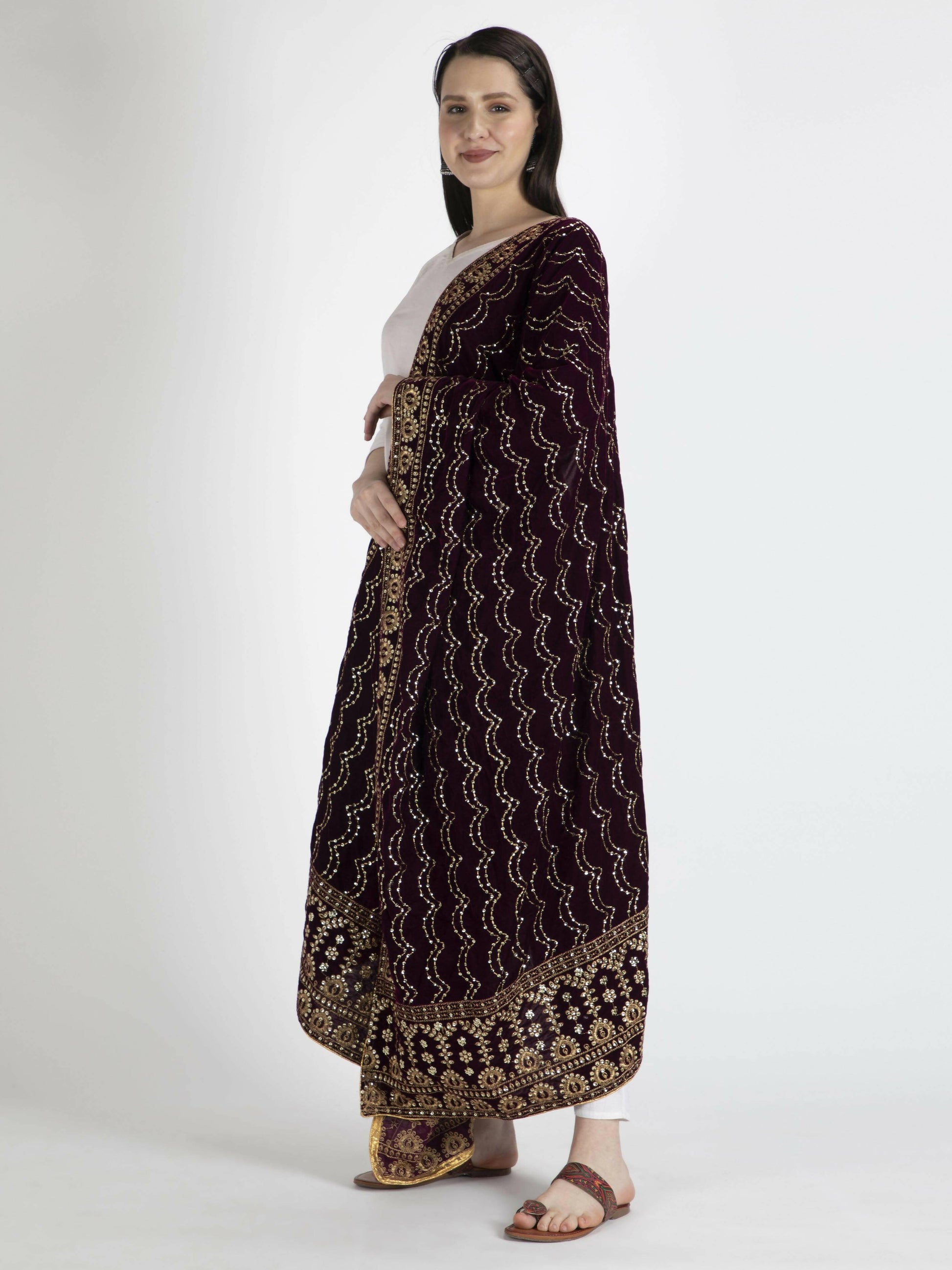 Embroidered Velvet Brown Dupatta For Women - HalfPe