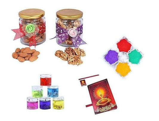 MANTOUSS Diwali Dry Fruit Decorative Glass Jar-Almond and Walnut(100gms Each),200 GMS + 2 Gel Filled Glass Candle, Diwali Greeting Card and Rangoli Colours - HalfPe