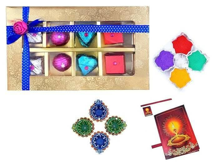 MANTOUSS Happy Diwali Chocolate Gift (Golden Decorative Box) + 2 earthern Diya, Diwali Greeting Card and Rangoli Colours - HalfPe