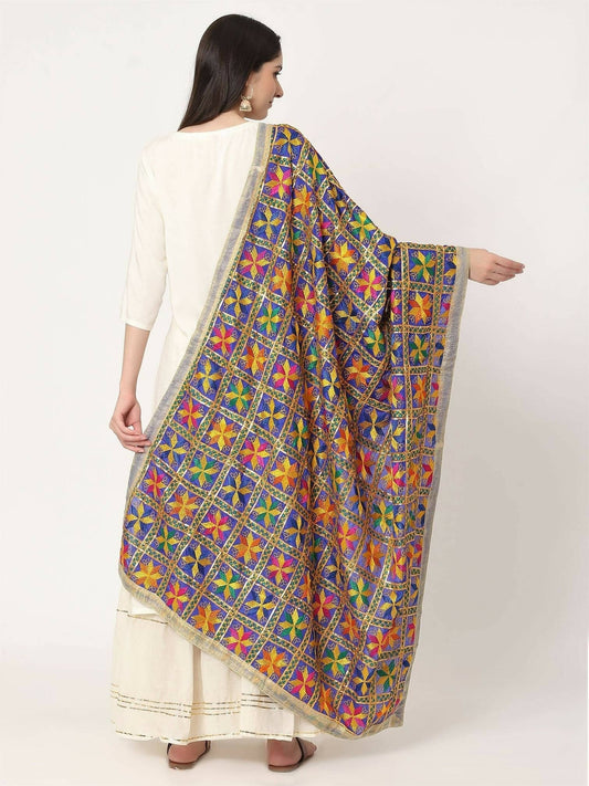 Royal Blue Multicolour Embroidery Phulkari Dupatta with lace Design - HalfPe