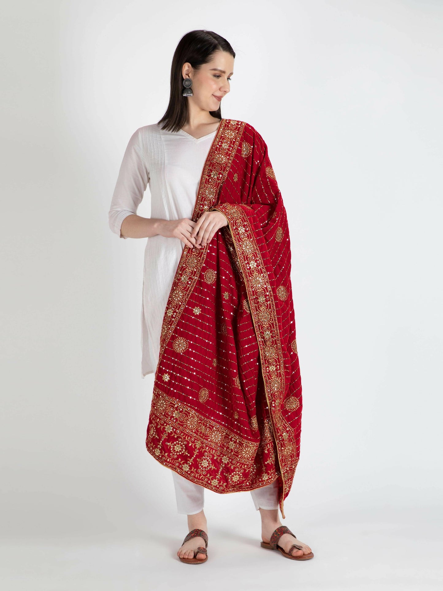 Embroidered Velvet Shawl Dupatta (Red) - HalfPe