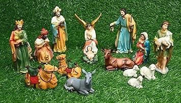 KariGhar® 15 pcs Nativity Set/Crib Set Perfect for Christmas Gifting & Decoration Pack Mary,Joseph,Baby Jesus, Angel, 3 Wise Men, The Shepherd & The Animals, 6 Inch Idols Set Multicolor - HalfPe