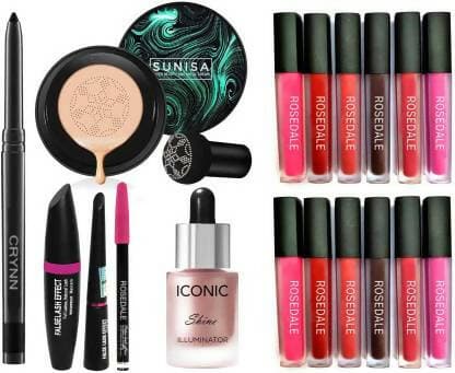 Crynn Beauty Set: Kajal, CC Cream, 3in1 Liner, Mascara, Highlighter, 12 Lipsticks (18pcs) - HalfPe