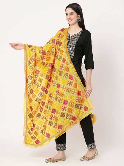 Yellow Multicolour Embroidery Phulkari Dupatta with Beads - HalfPe