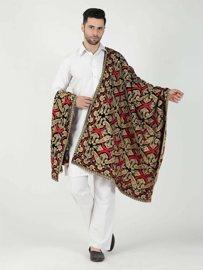 Black and Red Paisley Embroidered Velvet Shawl - HalfPe