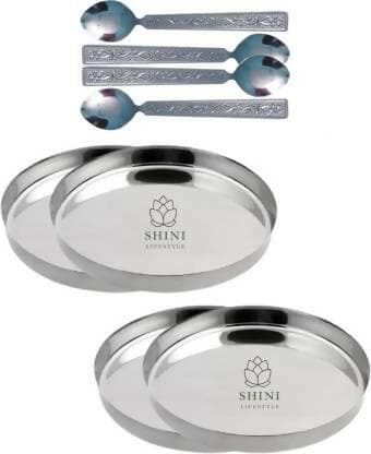 SHINI LIFESTYLE Steel Lunch/ Bhojan thali Dinner Plate With Spoons (Pack of 8) - HalfPe