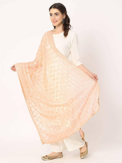 Peach Sequined Phulkari Embroidery Dupatta - HalfPe