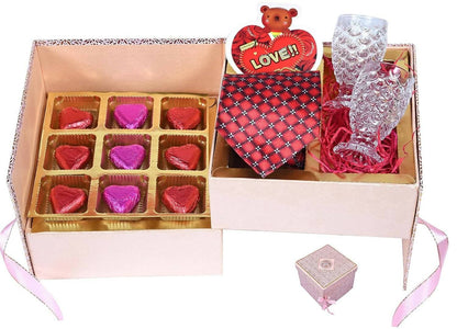 MANTOUSS Valentines Day Gift for Girlfriend/Boyfriend/Husband/Wife/Fiance Men's tie Double Decker Box with Chocolate+2 Shot Glasses+Valentines Day Card+Heart Shaped Candle - HalfPe