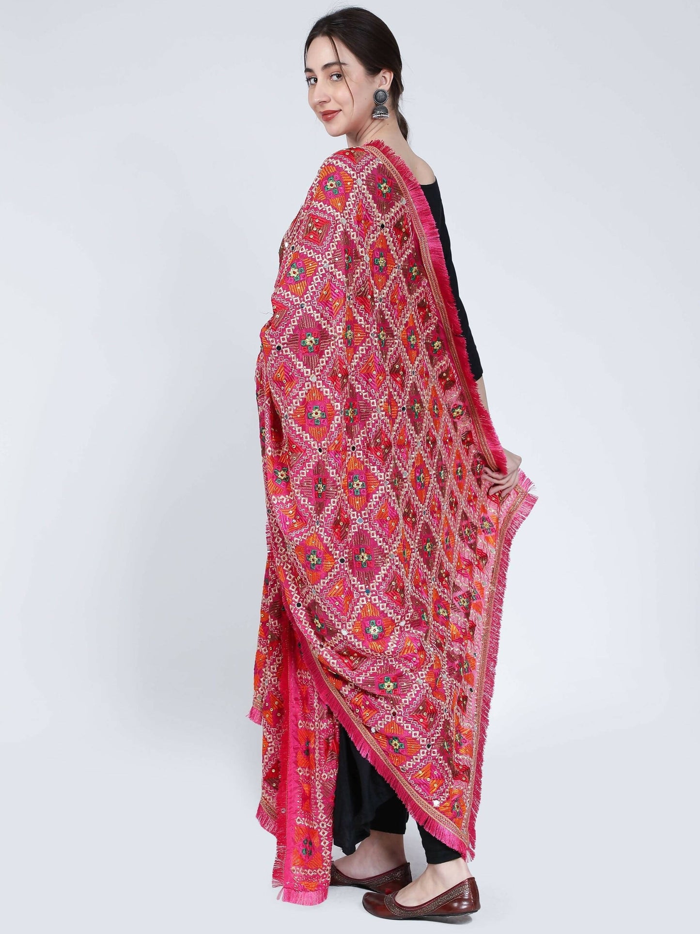 Phulkari Dupatta - Magenta Green Orange with mirror work (multi-color design) - HalfPe