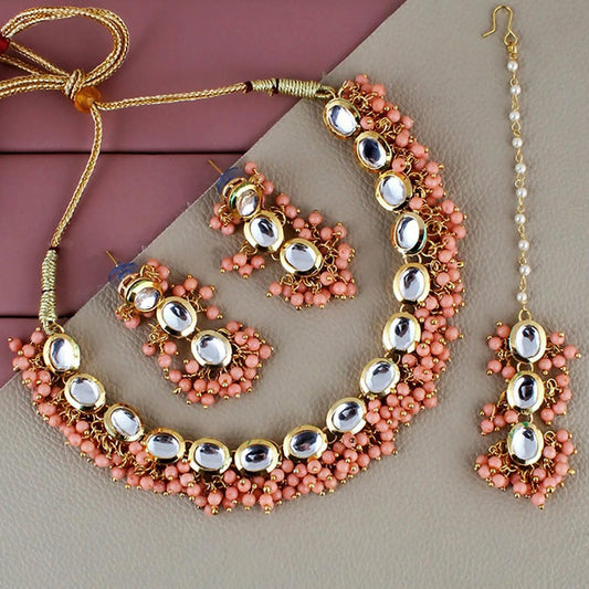 LUCKY JEWELLERY Back Meenakari 18k Gold Plated Peach Color Tika Earring Combo Uncut Big Faux Kundan Choker Necklace set - HalfPe