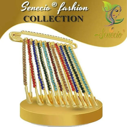 SENECIO Golden Diamond Crystal Stone Studded Romantic Love Saree Dupatta Hijab Clip On Safety Pins Textured Brooch Set For Women/Girls (12Pcs, Multicolor) - HalfPe