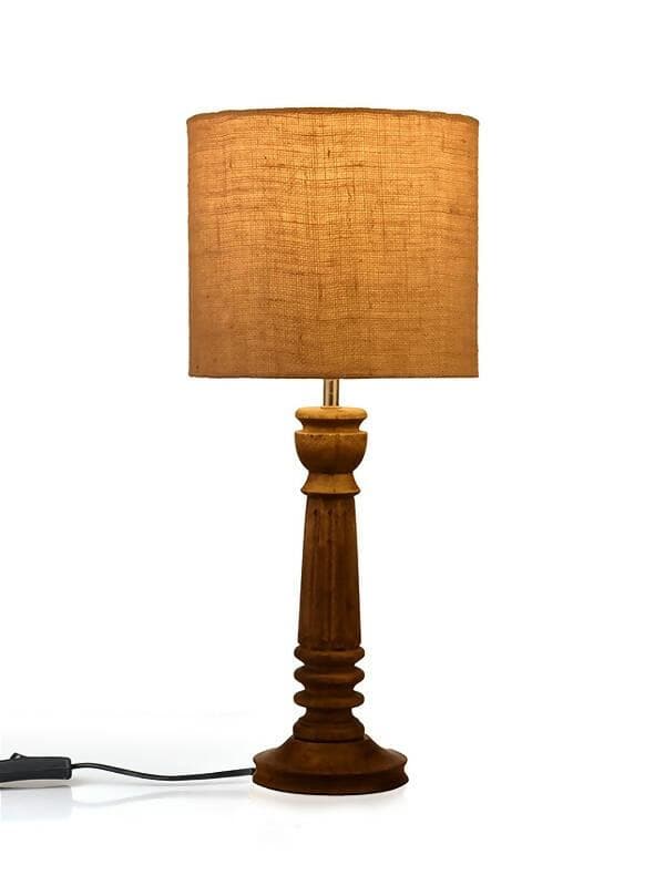 Green Girgit Pillar Brown Lamp With Brown Jute Shade - HalfPe