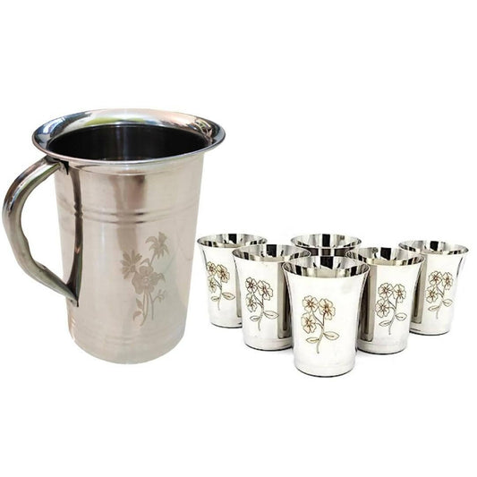 SHINI LIFESTYLE Steel Floral Design Jug and 6pc Laser Floral Design Glass, (Set of 6) - HalfPe