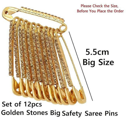 SENECIO 12Pc Golden Diamond Crystal Stone Studded Premiun Look Saree Dupatta Hijab Clip On Safety Pins Textured Brooch Gift Set For Women & Girls - HalfPe