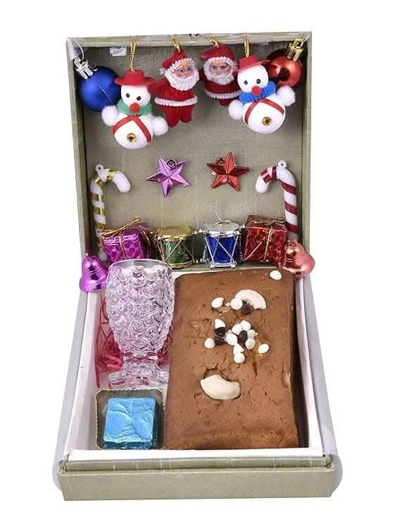 MANTOUSS Christmas Cake Gift Box(200gms)+1 Shot Glass + Christmas Card + Christmas Tree Decoration Set + Santa Cap - HalfPe