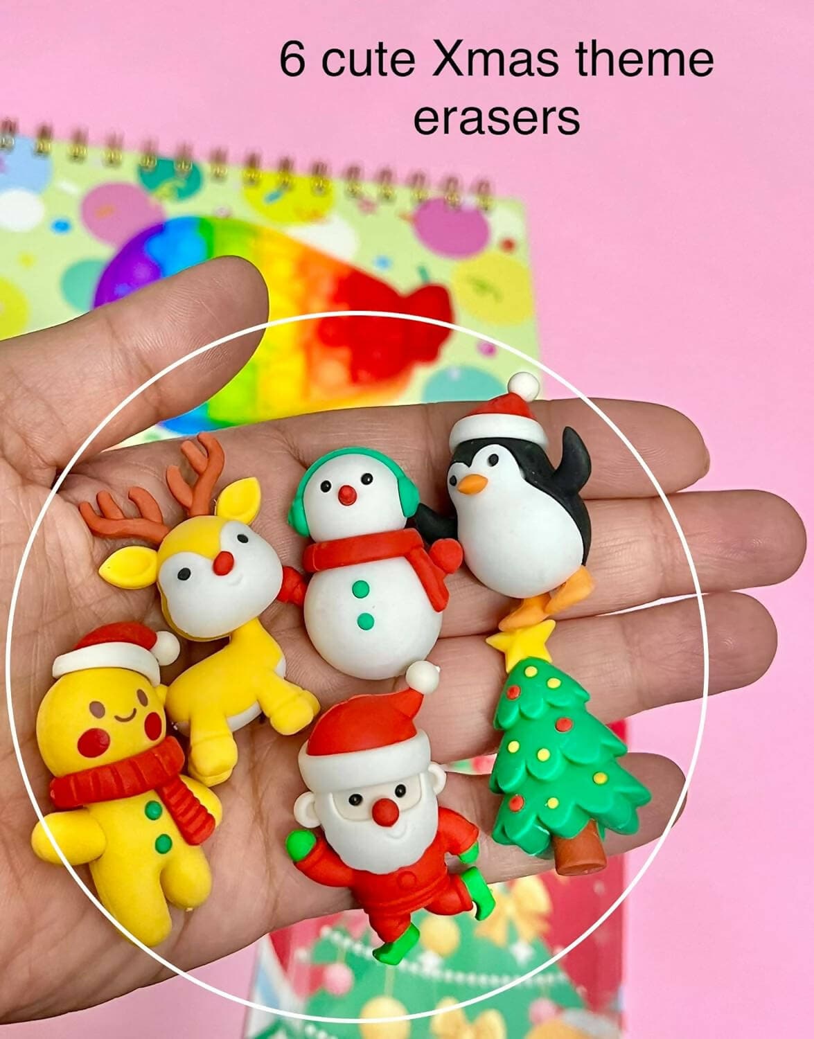 Le Delite Santa Claus Christmas Tree Reindeer Snowman Xmas Theme Combo of 6 Erasers & 1 Rainbow Pencil - HalfPe