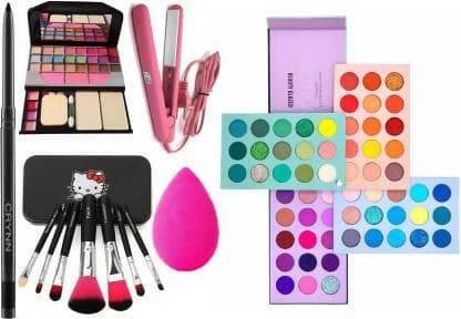 Crynn Kajal, Pro Hair Straightener, TYA 6155 Makeup Kit, 7 Brush Set, Blender Puff, Color Board Palette (6pcs) - HalfPe