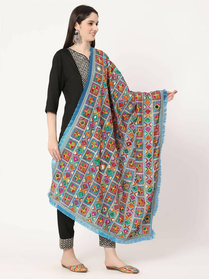 Ferozi Mullticolour Embroidery Phulkari Dupatta with Mirror Work - HalfPe