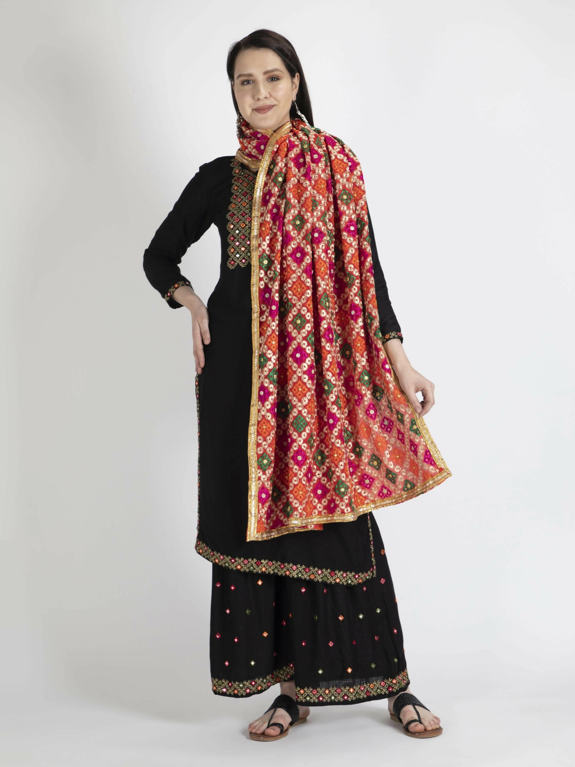 Phulkari with gold Lace and mirror work (multi-color) - HalfPe