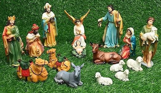 KariGhar Nativity/Crib Idols Set of 15 Pieces [Pack - Mary, Joseph, Baby Jesus, Angel, 3 Wise Men, The Shepherd, 7 Animals], Multicolour, 5 Inch Set, A0095 - HalfPe