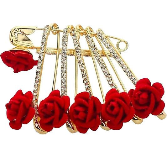 SENECIO Golden Diamond Crystal Studded Floral Romantic Love Brooch Safety Pin Hair Clip Hijab Saree Pin Combo Set For Girls & Women ( 6pcs Red Rose) - HalfPe