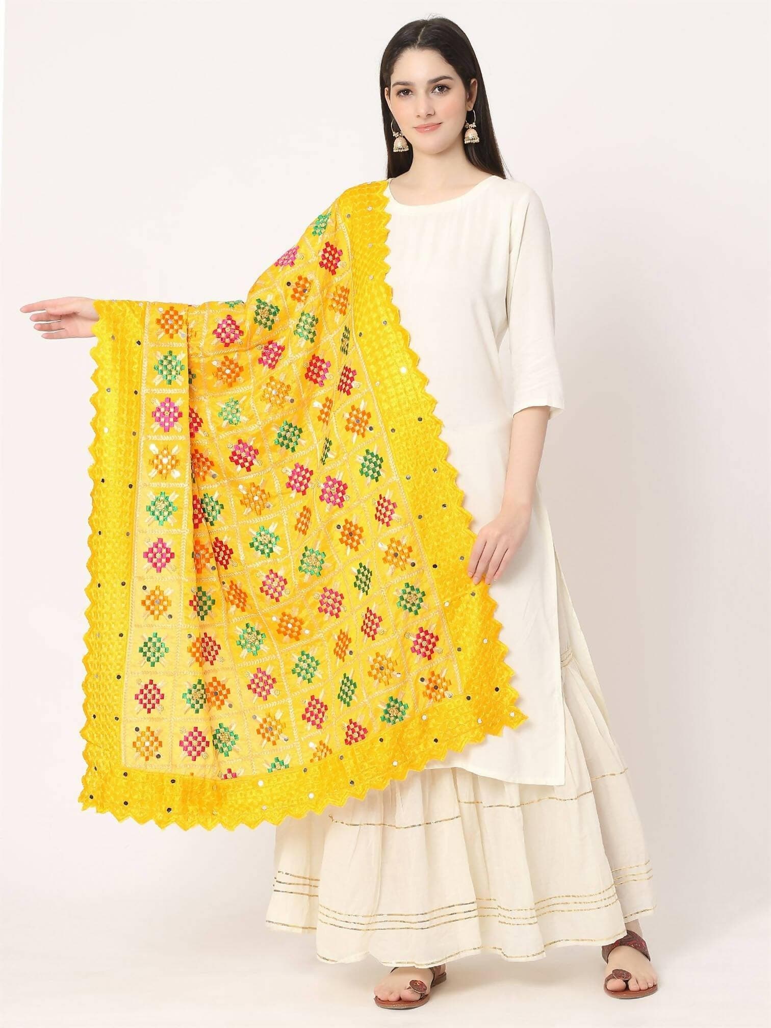 Yellow Multicolour Embroidery Phulkari Dupatta with Lace Border - HalfPe