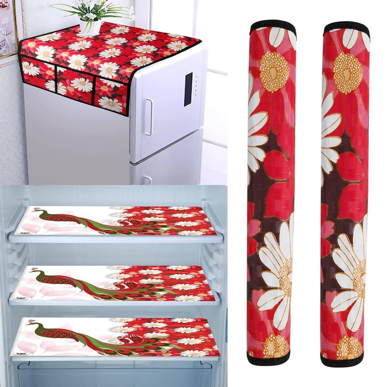 WISHLAND Single Door Fridge Cover Combo Set pf 1 Fridge Top Cover + 2 Fridge Handle Cover + 3 Multipurpose Fridge Mats (Red) - HalfPe