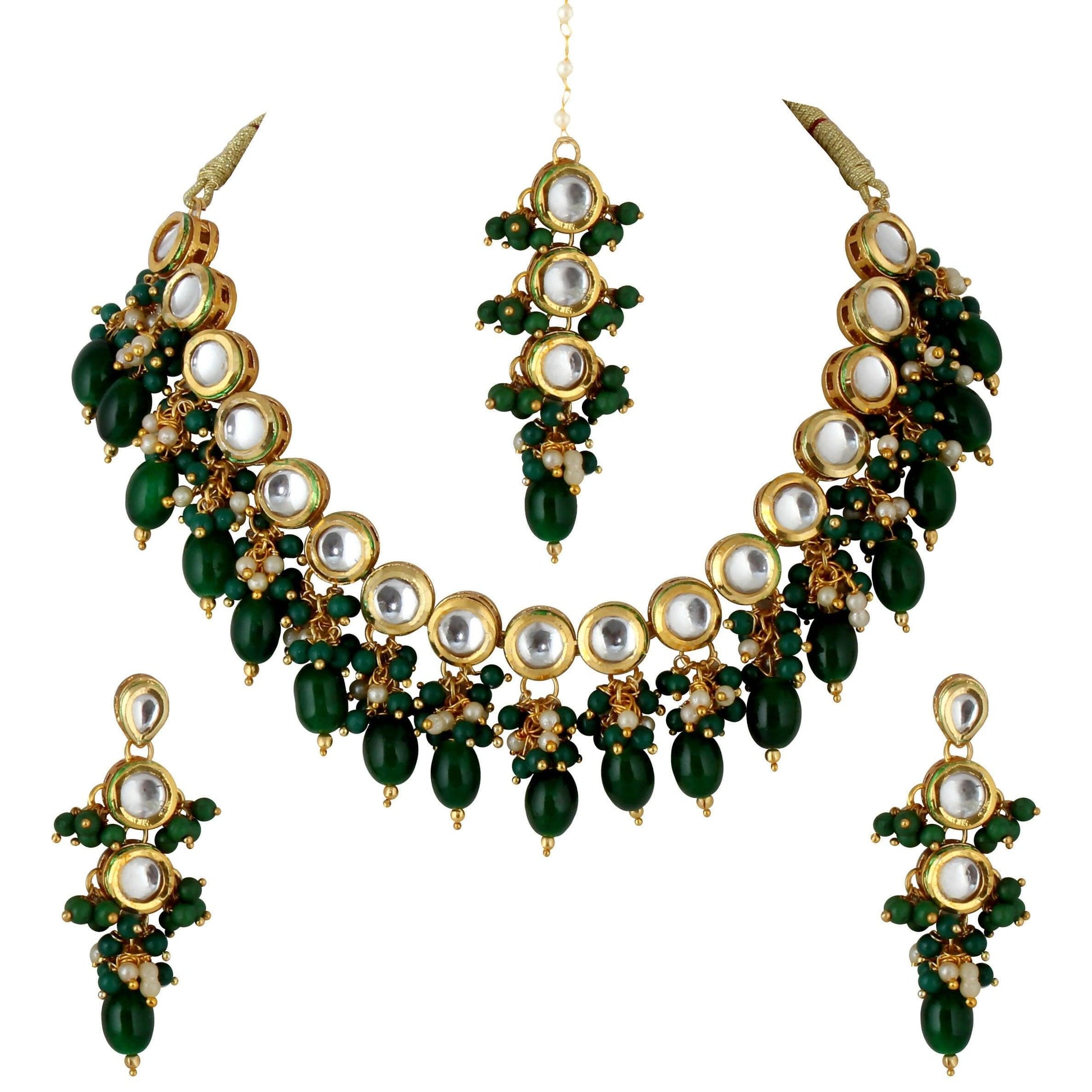 LUCKY JEWELLERY Back Meenakari 18k Gold Plated Green Color Tika Earring Combo Uncut Big Faux Kundan Choker Necklace set - HalfPe