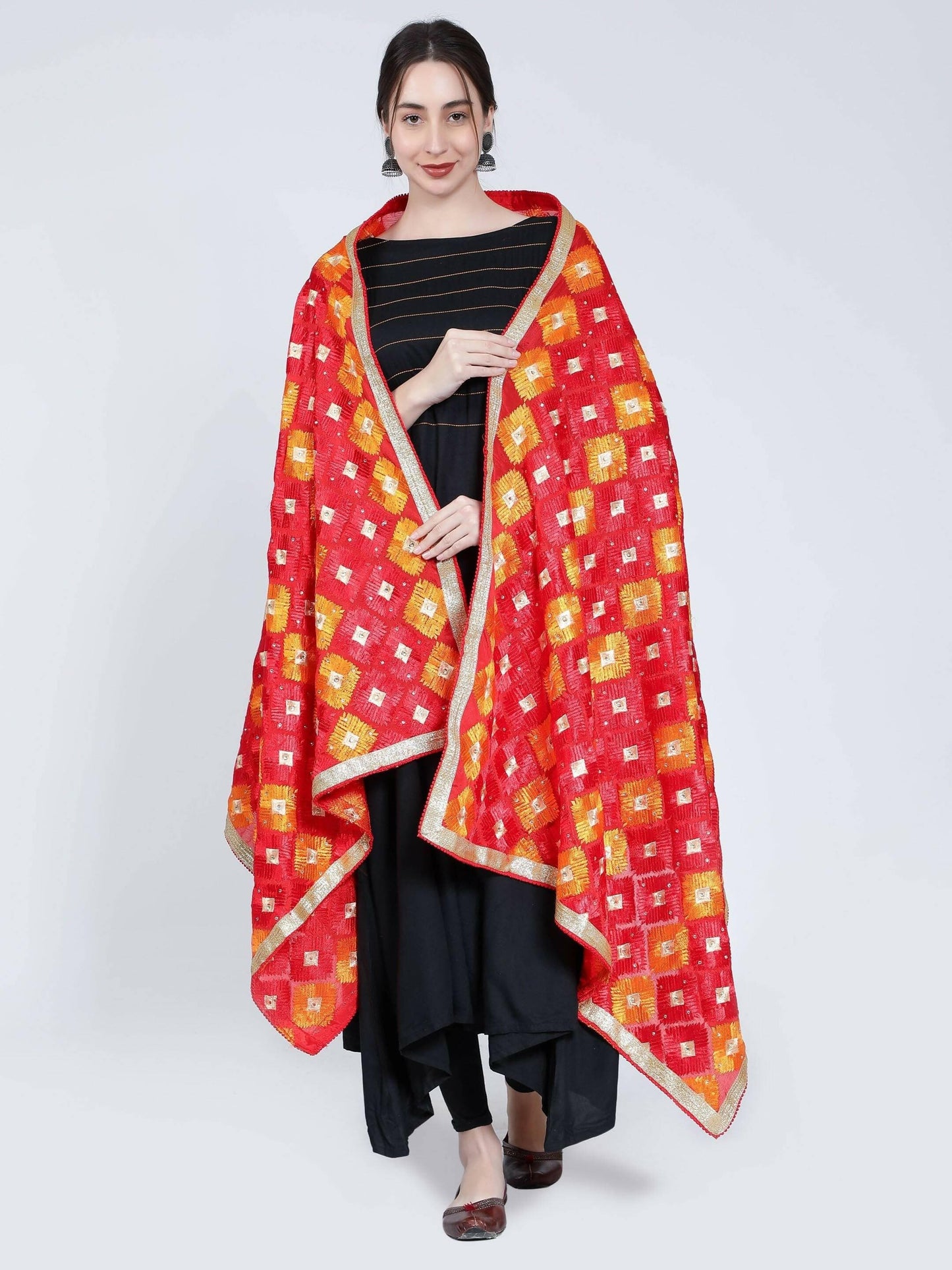 Multicolour Phulkari Dupatta (Red and Orange) - HalfPe