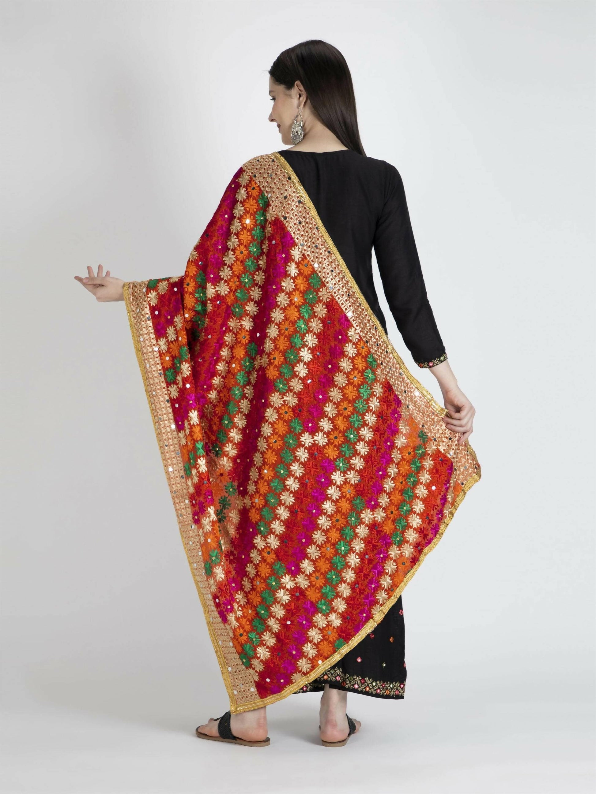 Phulkari with gold Lace and mirror work (multi-color) - HalfPe