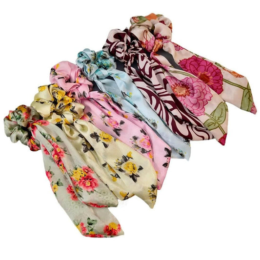 SENECIO Multicolour Floral Scarf Scrunchies Ponytail Holders Rubber Bands for Women (Pack of 6) - HalfPe