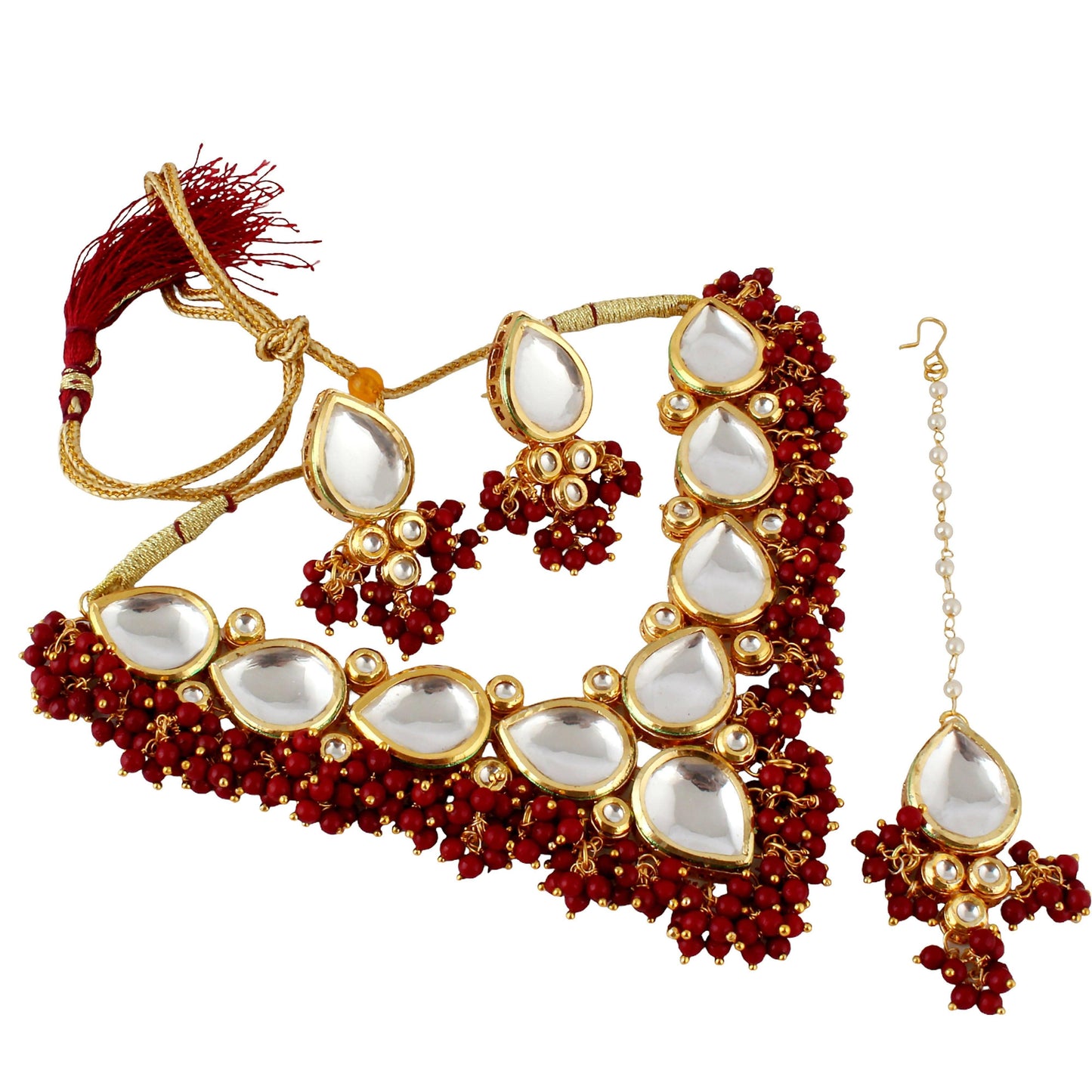 LUCKY JEWELLERY Back Meenakari 18k Gold Plated Maroon Color Tika Earring Combo Uncut Big Faux Kundan Choker Necklace set - HalfPe