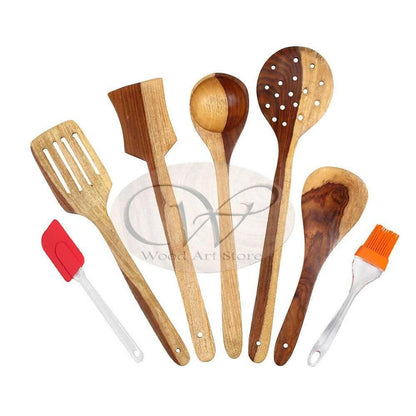 Wooden tools Natural wood Kitchen Tool Set (Natural wood, Spatula)with Silicon brush and Spatula (7 inches) (Combo of 5) - HalfPe