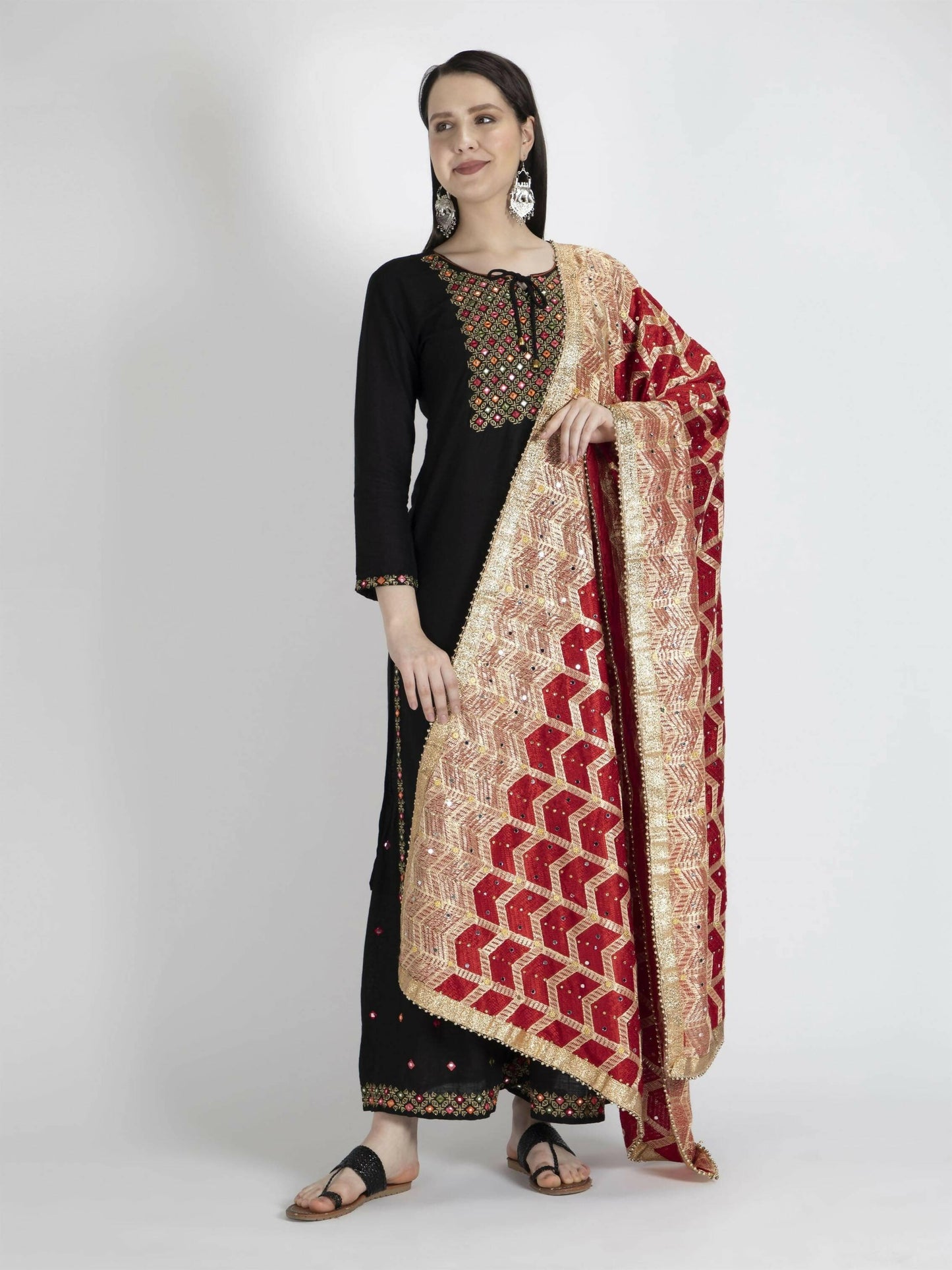 Red Phulkari dupatta with Heavy Lace (multi color design) - HalfPe