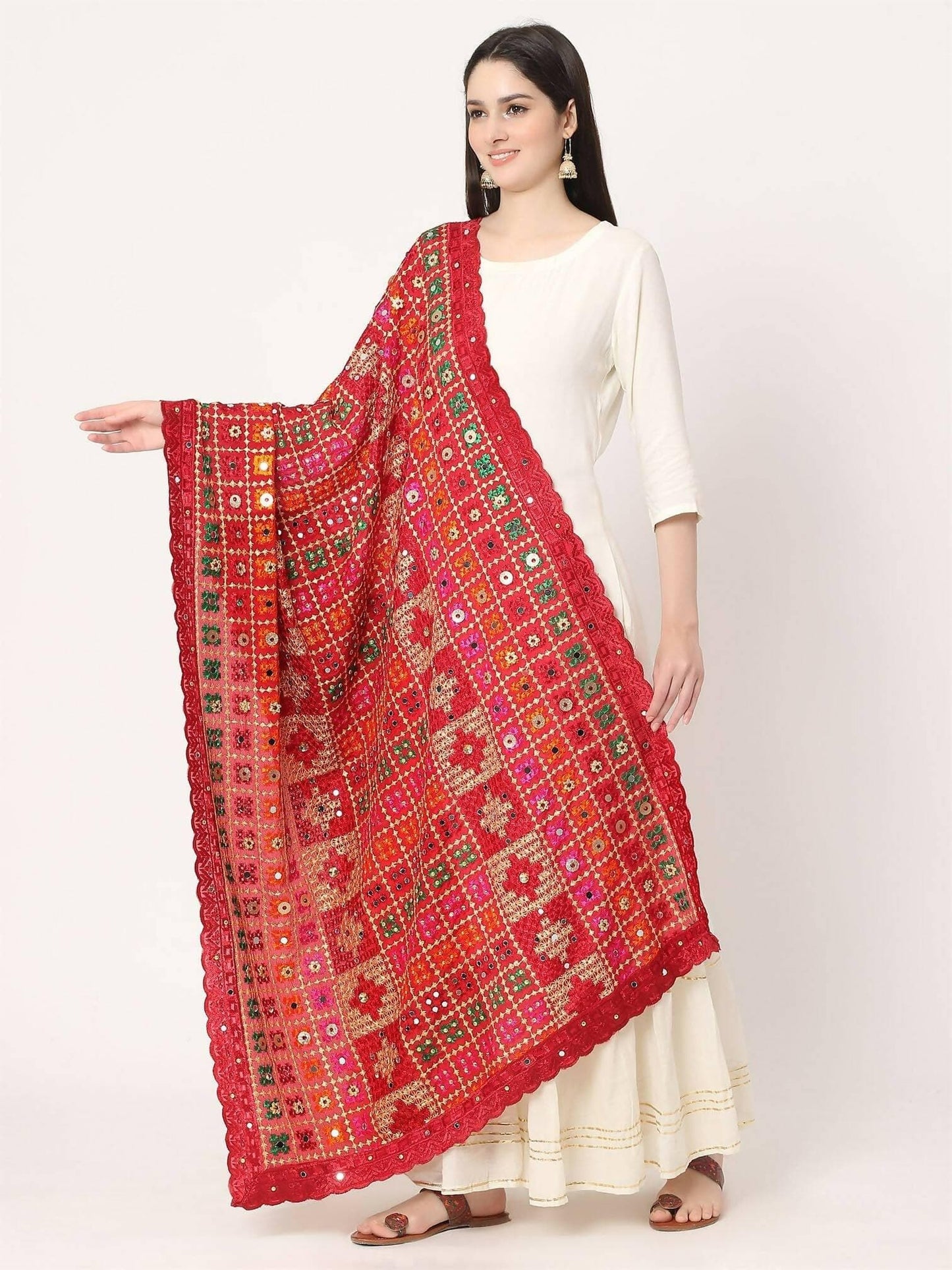 Multicolour Embroidery Phulkari Dupatta With Pearls (marron) - HalfPe