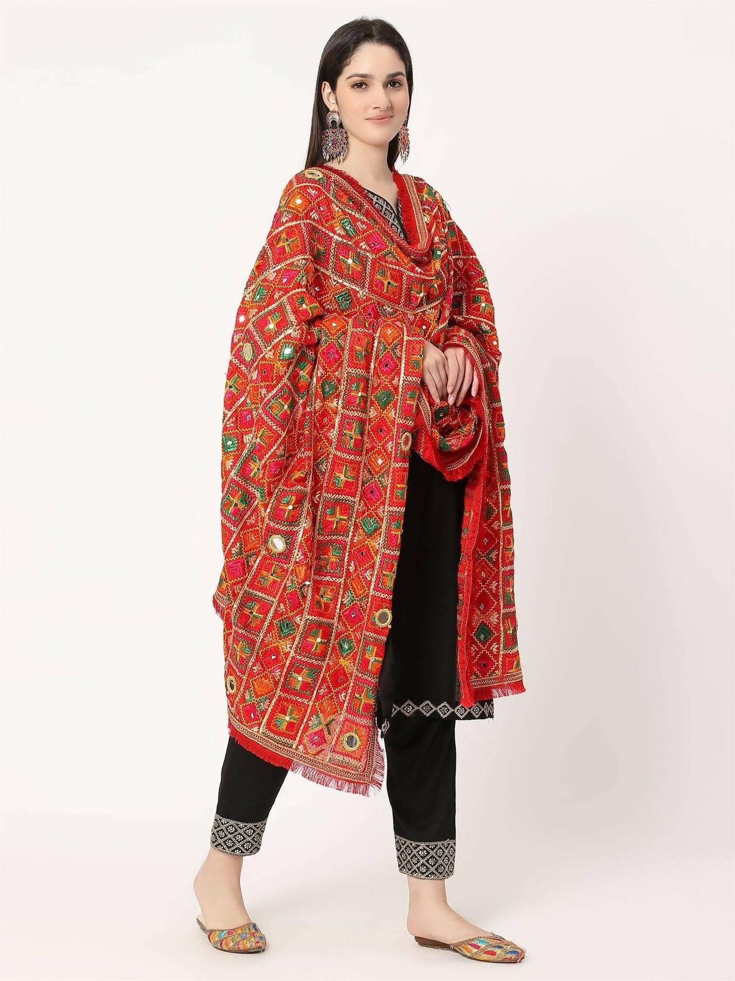 Red Mullticolour Embroidery Phulkari Dupatta with Mirror Work - HalfPe