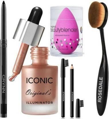 Crynn Rosedale Pro Kajal & Iconic Shine Illuminator Highlighter & Glazed Glam Black Eyebrow Pencil & Beauty Blender Sponge Puff - HalfPe