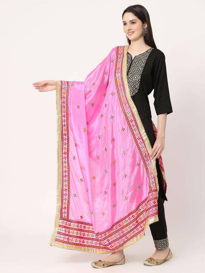 Pink Muliticolour Phulkari Embroidery Dupatta - HalfPe