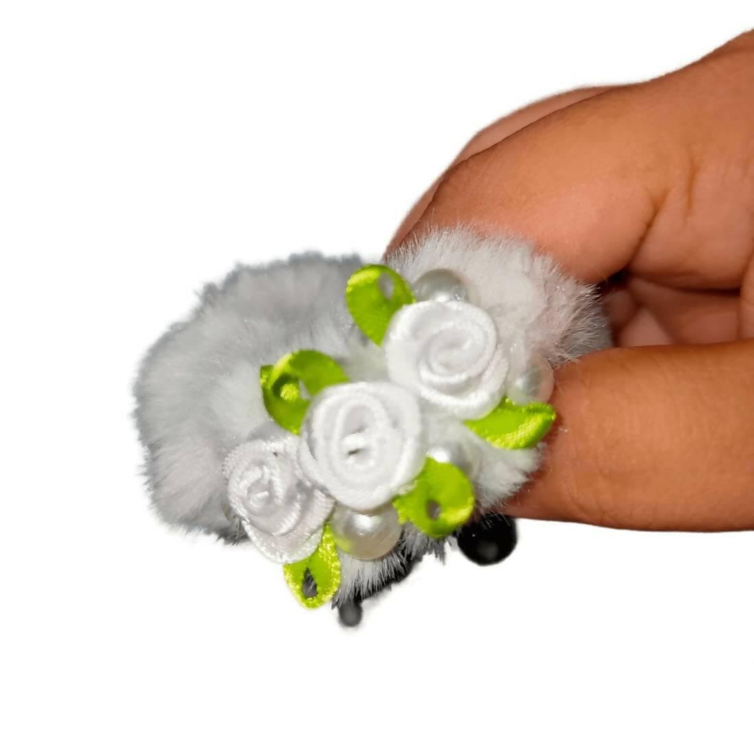 SENECIO Pearl With Lovely Rose Fluffy Fur Soft Multicolor Rubber Band Hair Tie Scrunchies (Set of 6 ) - HalfPe