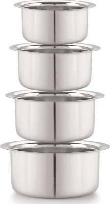 SHINI LIFESTYLE Stainless Steel Serving Bowl Stainless steel Bhagona, Steel Rounded Patila, milk pot and tope 3L (Pack of 4, Silver) - HalfPe