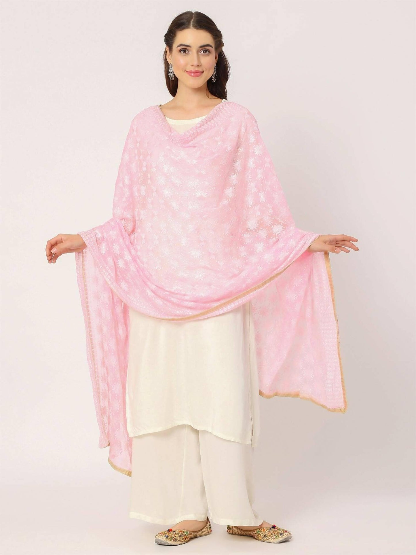 Baby Pink Sequined Phulkari Embroidery Dupatta - HalfPe