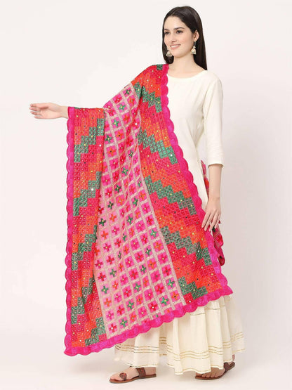 Magenta Embroidery Multicolour Phulkari Dupatta With Beads - HalfPe